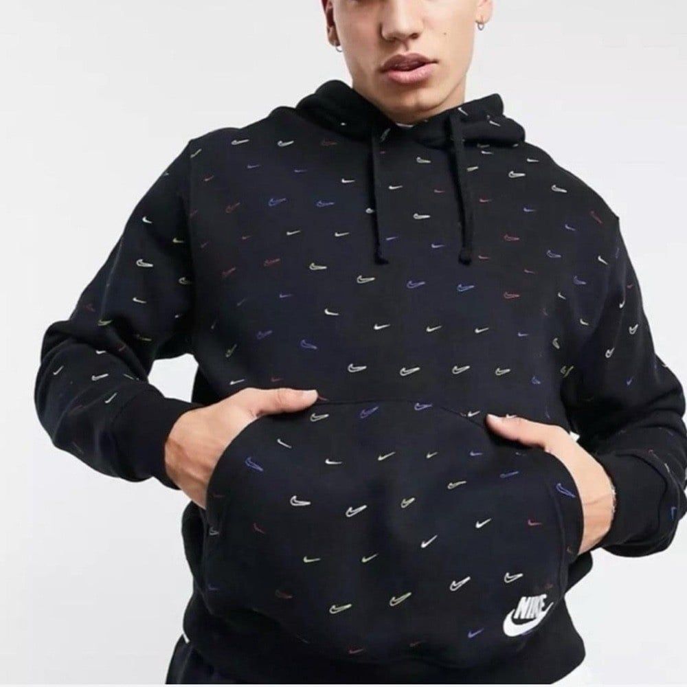Nike Club Fleece Hoodie Large L Multi Swoosh AOP Black Pullover DC2767-010 Sport